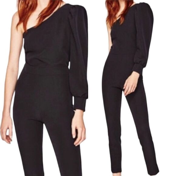 Zara Womens Black One Shoulder Jumpsuit with Puffy Sleeve Sz Small - Picture 2 of 7